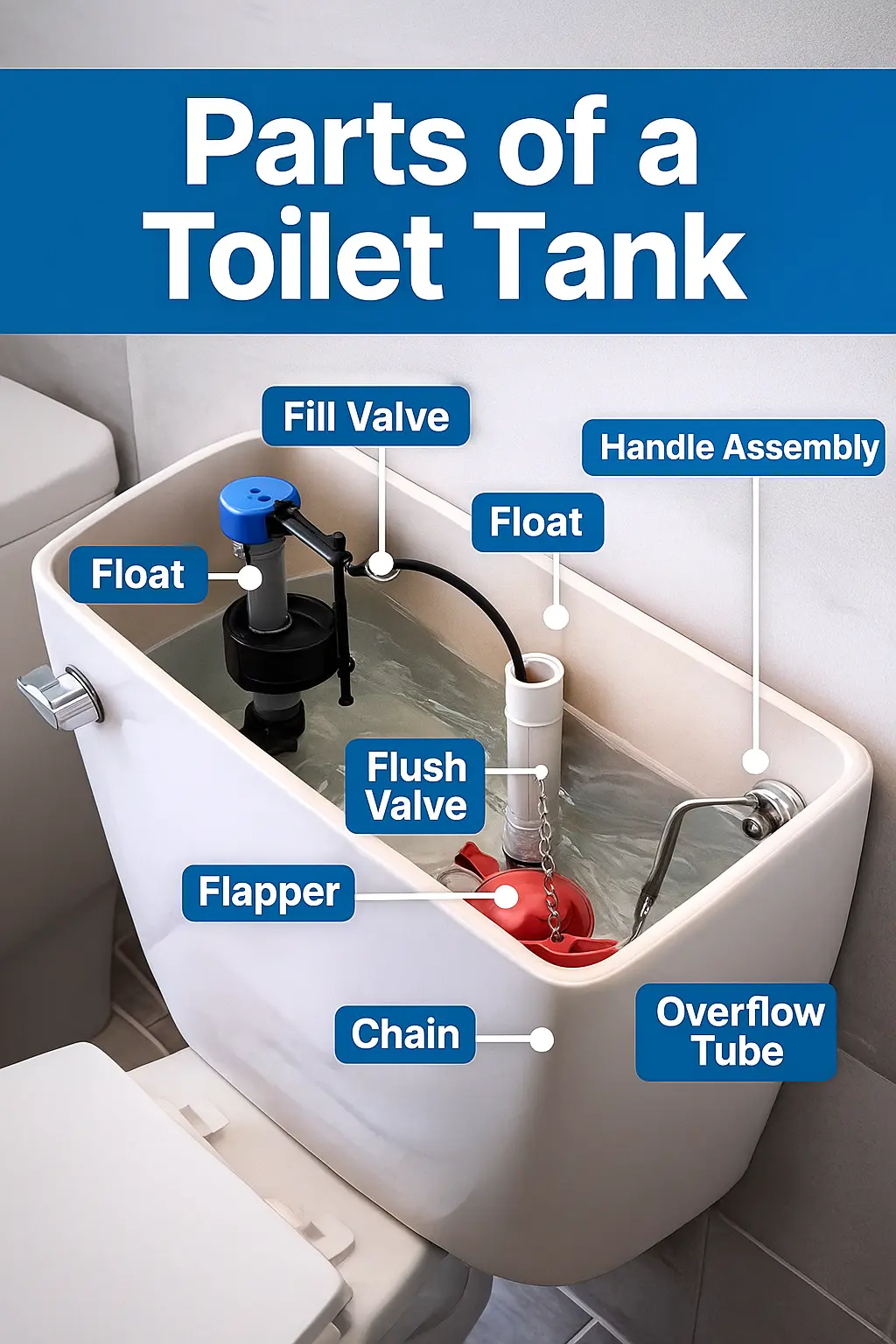 Toilet Tank Parts | Everything You Need to Know 1 Labeled diagram of toilet tank parts including fill valve, flapper, and float
